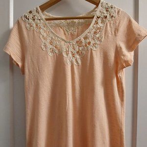 JOE FRESH Women's Cotton Blend Cap Sleeves Tee w/Ivory Lace Trim Neckline - Pink